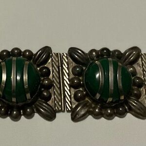 Green Onyx Sterling Silver Link Bracelet - Mexican - Chunky - Statement Bracelet